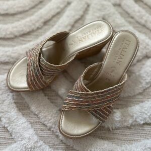 Italian Shoemakers Gold and Multicolor Mules Made in Italy, Comfortable wedges